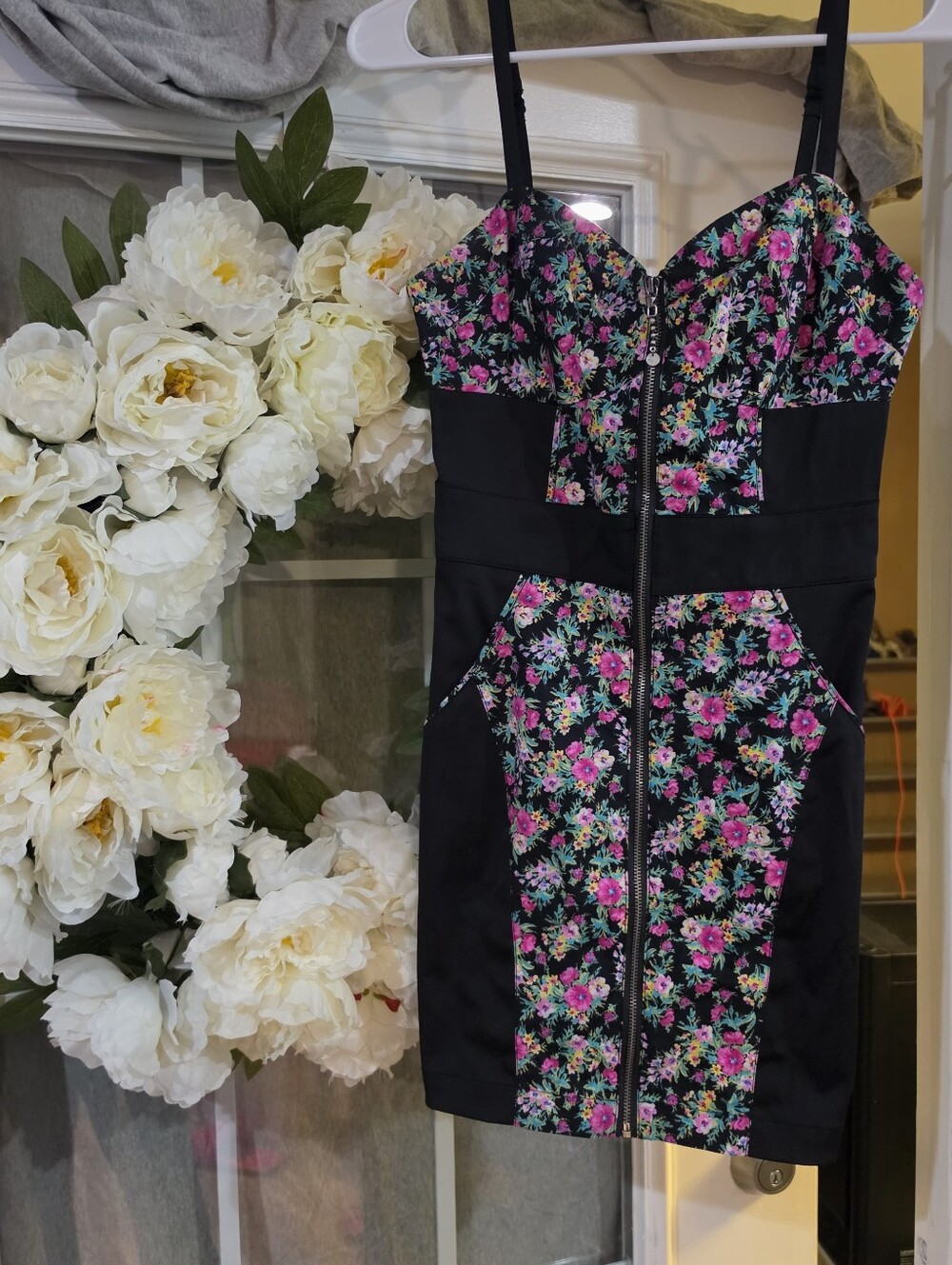 Guess Black Mini Bodycon Dress with Pink Floral Panels - Picture 12 of 12
